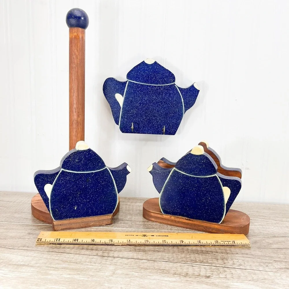 Blue Teapot Kitchen Decor Set:‎ Paper Towel & Napkin Holder, Oven Mitt Hook